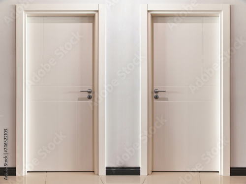 Fototapeta Naklejka Na Ścianę i Meble -  Modern white front wooden two door with stylish design in the interior of the house