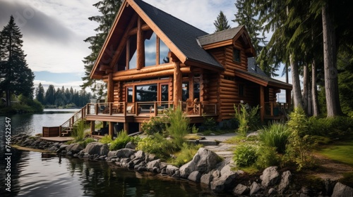 Tranquil lakeside cabin surrounded by pine trees, rustic dock inviting relaxation and reflection © Philipp