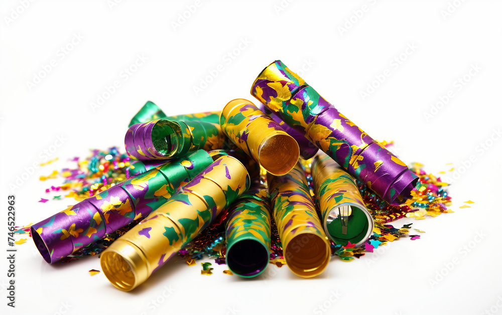 Vibrant Mardi Gras Confetti Poppers Await the Festivities Isolated on White Background.