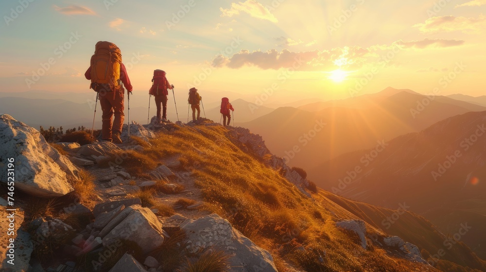 Hikers reaching mountain top