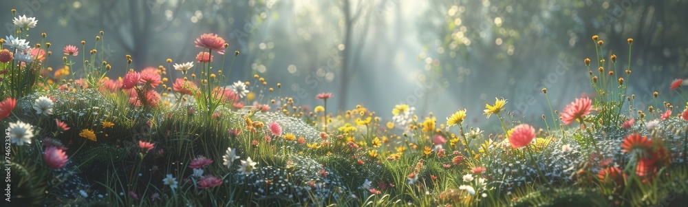 Obraz premium Spring field of colorful wild flowers, sunny day, wide