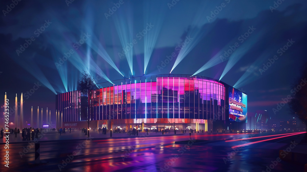 exterior of modern concert hall near the water at night - obrazy, fototapety, plakaty 