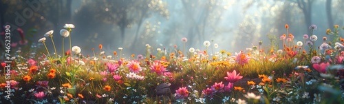 Spring field of colorful wild flowers, sunny day, wide