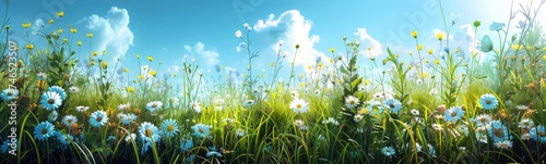 Spring field of daisies and blue sky, sunny day