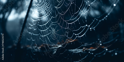 Dew-kissed spider web in ethereal blue light