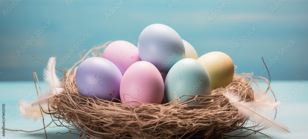 Fototapeta premium Colorful easter eggs in nest with delicate feathers on blue