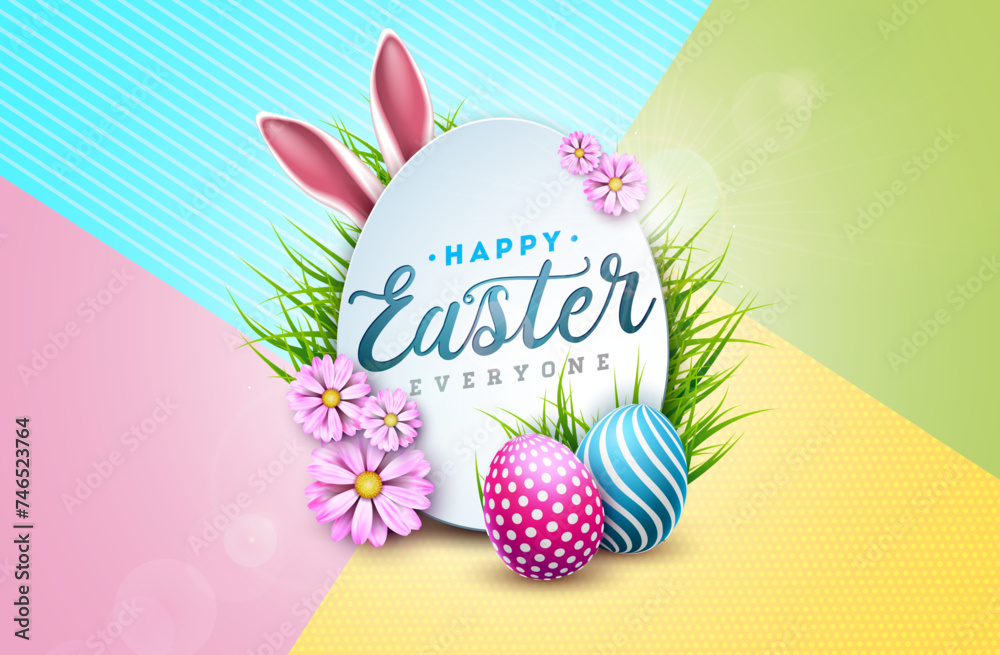 Vector Illustration of Happy Easter Holiday with Flower, Painted Egg and Rabbit Ears on Colorful Background. International Religious Celebration Design with Typography Letter for Greeting Card Vector Illustration of Happy Easter Holiday with Flower, Painted Egg and Rabbit Ears on Colorful Background. International Religious Celebration Design with Typography Letter for Greeting Card