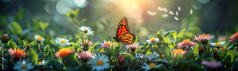 Butterfly in Spring field of colorful wild flowers, sunny day, wide Butterfly in Spring field of colorful wild flowers, sunny day, wide