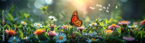 Butterfly in Spring field of colorful wild flowers, sunny day, wide © Rawf8