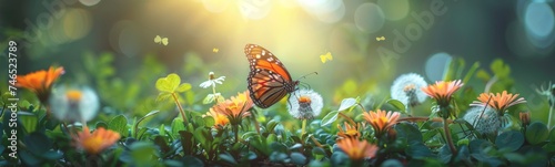 Butterfly in Spring field of colorful wild flowers, sunny day, wide
