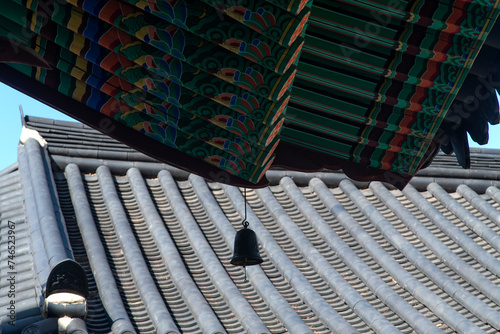 View of the bell hanging on the eaves in the Buddhist temple photo