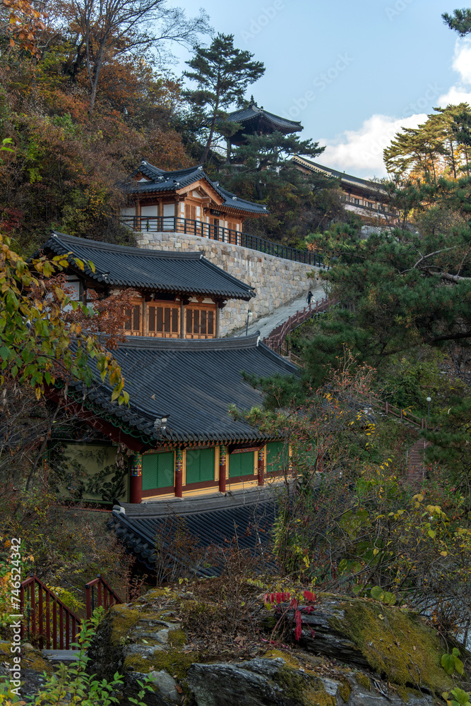 The exterior of Buddhist temple building on the autumn mountain The exterior of Buddhist temple building on the autumn mountain