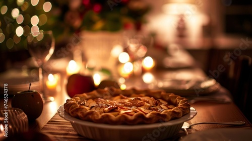 Delicious apple pie ready for serving  surrounded by festive Christmas decorations and candlelight.