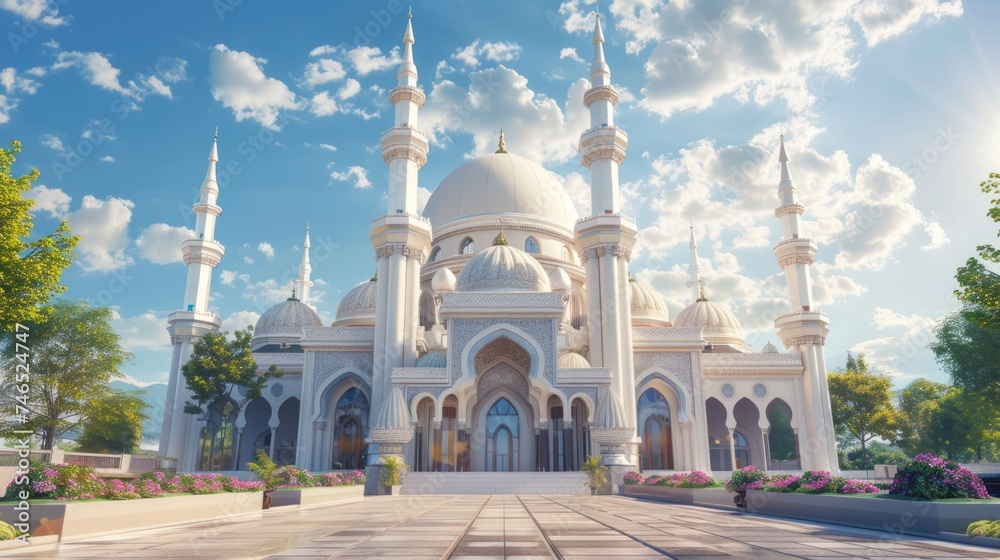 3d rendering of Islamic mosque in Islamic style. Ramadan Kareem concept. Islamic background