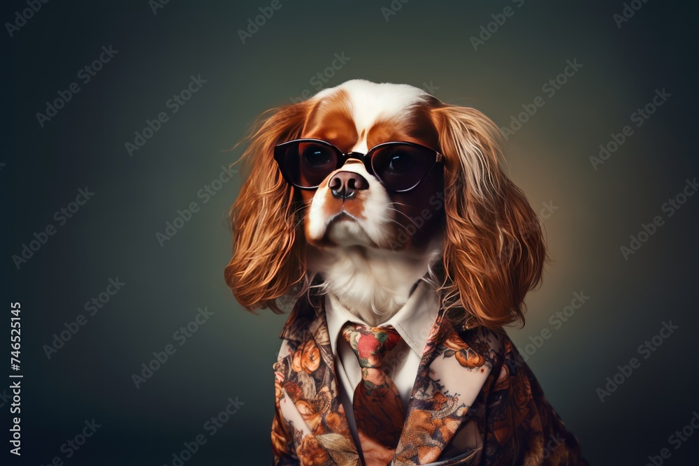 Cavalier King Charles Spaniel in chic attire, a fashionable dress-jacket, tie, and sunglasses, against a dark background.Advertising trendy products concept.
