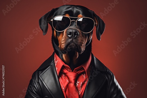 Rotweller dog a stylish fashionable dress- black jacket, red tie, and sunglasses, against a red background.Advertising trendy products concept. © JuLady_studio