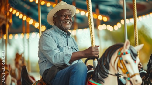 Aged Man Riding Carrousel Horse at Amusement Park. Fictional Character Created By Generated By Generated AI.