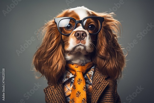 Cool looking Cavalier King Charles Spaniel wearing funky fashion dress-jacket,tie,glasses.Concept of advertising a product or service (Internet,television,technology) © JuLady_studio