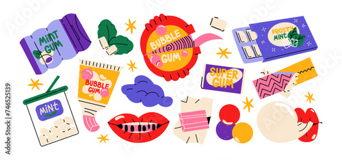 Set of cartoon bubble gum chewing candies. Mint pads, balls in various packages in retro groove style of the 90s. Sweets for the mouth, fresh-flavored mints, dragees, lollipops. Vector set