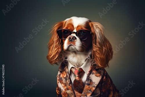 Cavalier King Charles Spaniel in chic attire, a fashionable dress-jacket, tie, and sunglasses, against a dark background.Advertising trendy products concept. © JuLady_studio
