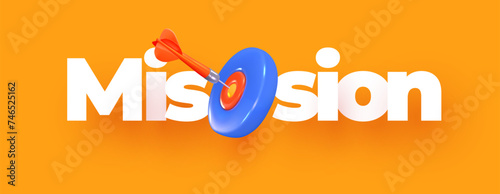 Header "Mission" isolated on background. Mission accomplishment concept. In 3D style. White paper, volumetric letters, darts game on the background. Vector graphics