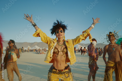 woman at burning man festival wearing colourful jacket photo