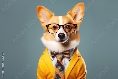Cool vibes with a Corgi in trendy attire—dress-jacket, tie, glasses—against a grey background, creating an engaging image for advertising © JuLady_studio