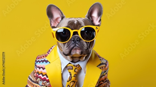 French bulldog dog models a stylish ensemble—jacket, tie, and sunglasses—against a vibrant yellow backdrop, ideal for promoting your products. © JuLady_studio