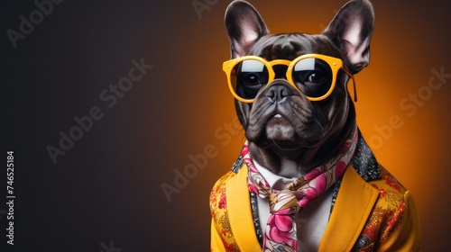 Cool looking French bulldog dog wearing funky fashion dress-red jacket,tie,suglasses.Concept of advertising a product or service (Internet,television,nightclub,technology)