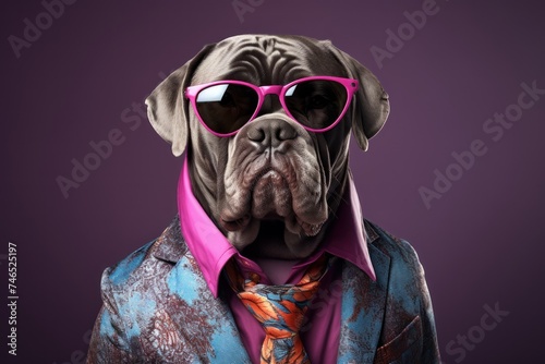 Mastiff dog a stylish fashionable dress-jacket, tie, and sunglasses, against a dark background.Advertising trendy products concept.
