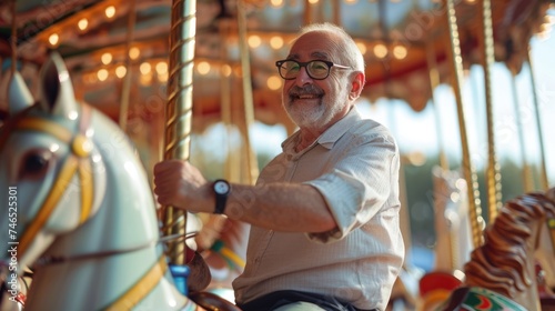 Old Man Enjoying a Ride on a Carousel Horse. Fictional Character Created By Generated By Generated AI. © shelbys
