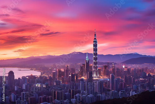 Captivating Cityscape during Vibrant Sunset against Silhouetted Skyscrapers & Serene Mountains © Abbie