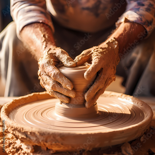 A pair of hands shaping clay on a pottery wheel.