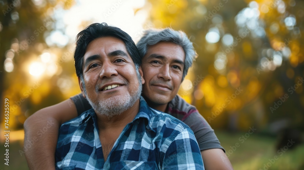 Two Men Posing and Smiling Together in Front of a Tree. Fictional Character Created By Generated By Generated AI. Two Men Posing and Smiling Together in Front of a Tree. Fictional Character Created By Generated By Generated AI.