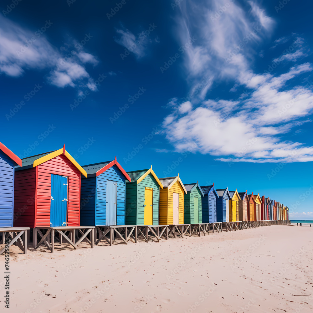 Fototapeta premium A row of colorful beach huts against a blue sky.