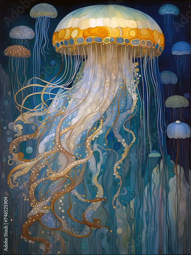 Decorative art nouveau illustration of a jellyfish in an ornate blue marine background