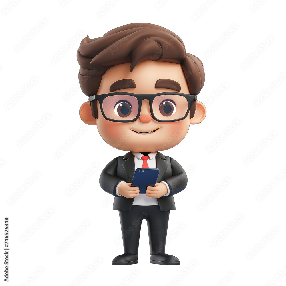 3D character a Businessman standing with smart phone with Transparent Background