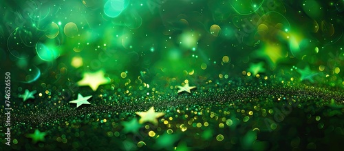A background featuring a mix of green and gold colors with shining stars scattered throughout, creating a mesmerizing and enchanting visual display.