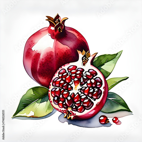 Harmony of Spring: Captivating Watercolor Pomegranate Illustration in Vivid Hues.(Generative AI)