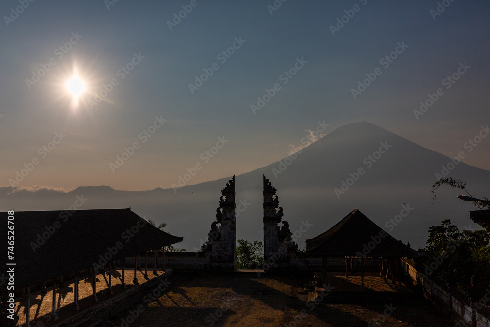 Beautiful views of Agung Mount at sunset from Lempuyang Temple also known as the Gates of Heaven in Bali, Indonesia.