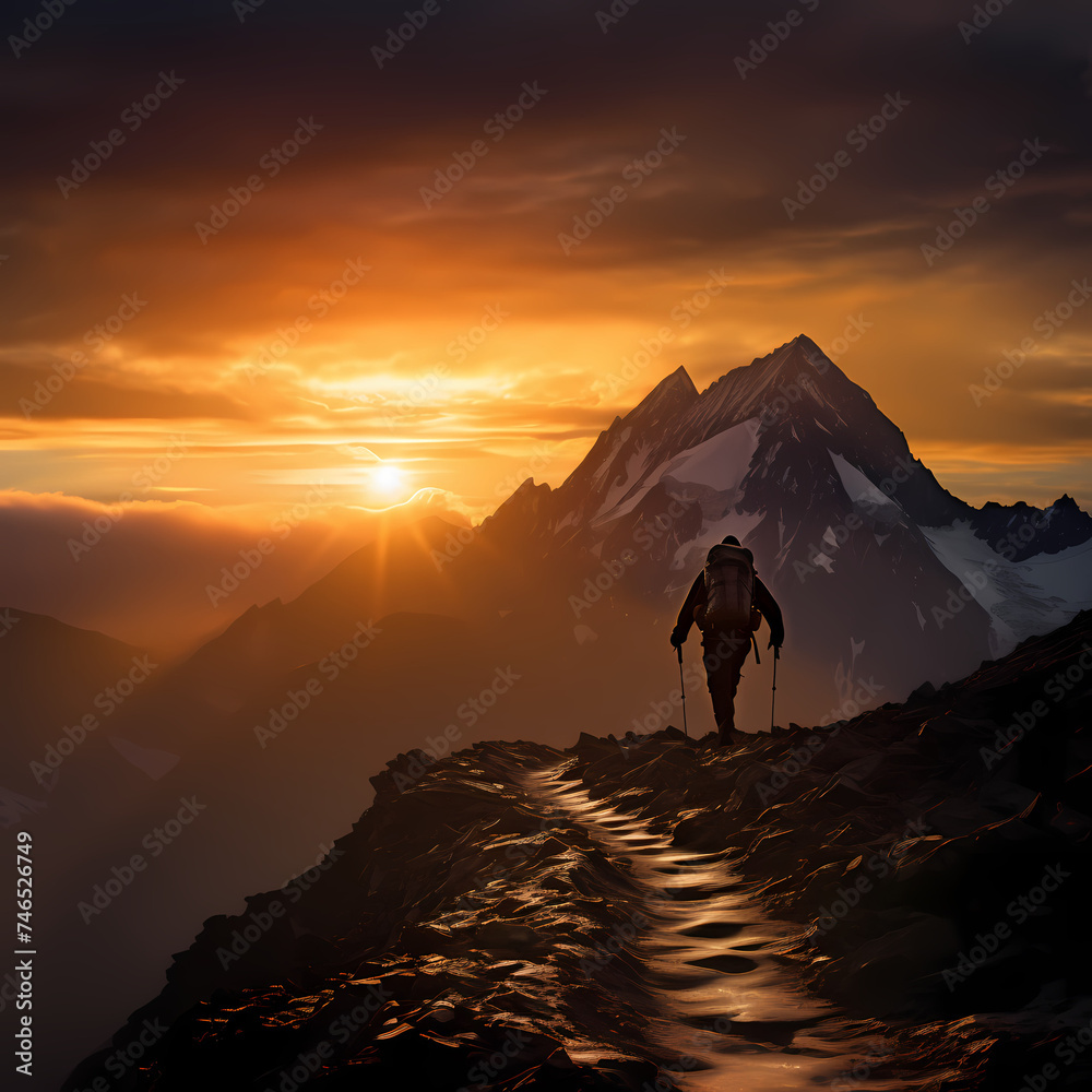 A silhouette of a person hiking up a mountain at sunrise.