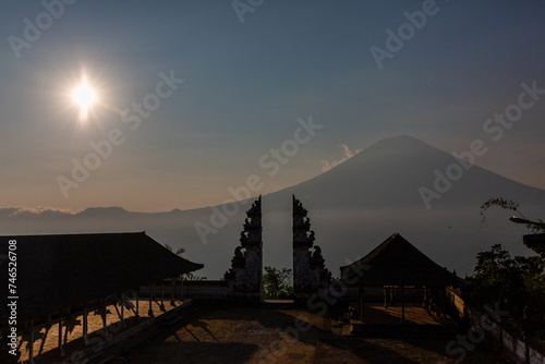 Beautiful views of Agung Mount at sunset from Lempuyang Temple also known as the Gates of Heaven in Bali, Indonesia.