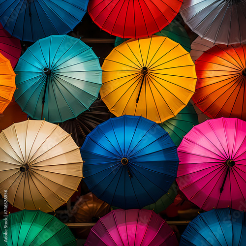 A stack of colorful umbrellas in a market.