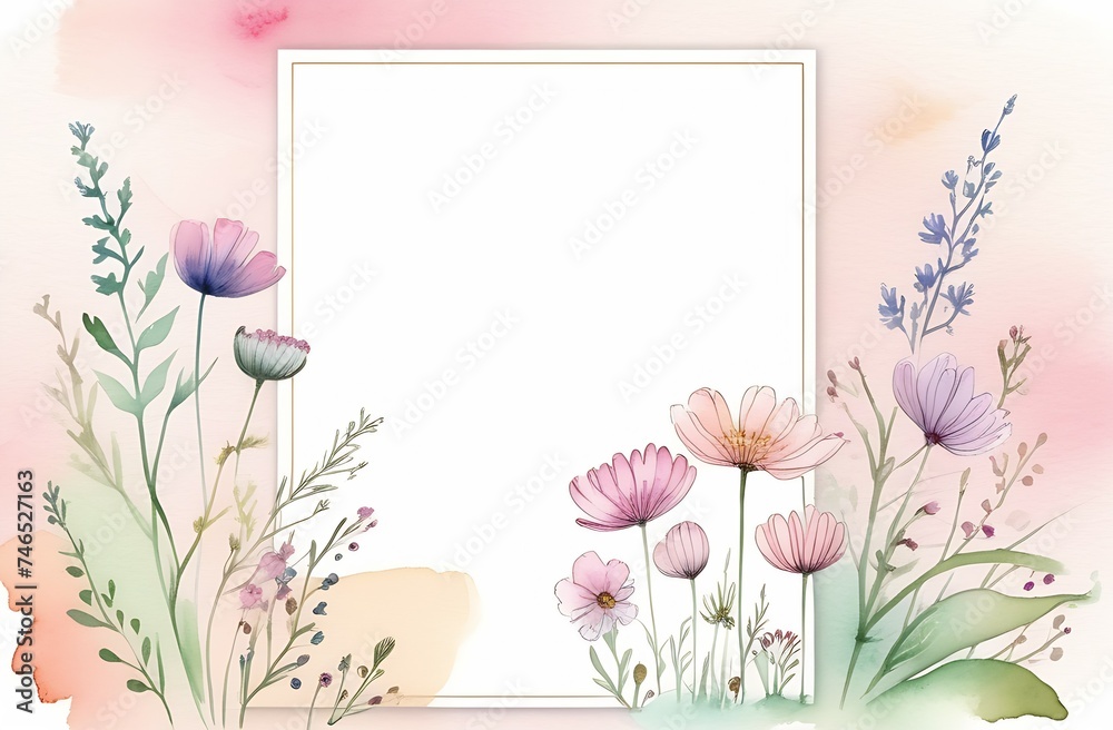 Naklejka premium floral frame of delicate wildflowers on light pink background, romantic template design with place for text for greetings, wedding cards, invitations, floral arrangement, watercolor illustration