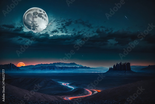 Scenic Full Moon Night With Winding Road Under the Night Sky. Generative AI.