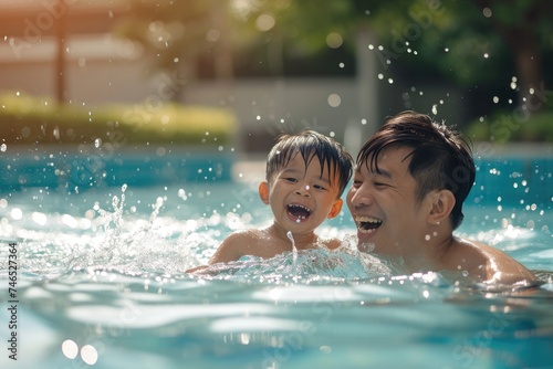 A happy father and son enjoying a splash in the pool. Fictional Character Created By Generated By Generated AI. © shelbys