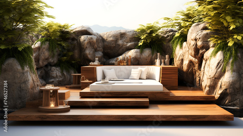 Outdoor bathtub surrounded by tropical woods, natural mountains, luxury spa, lifestyle images,