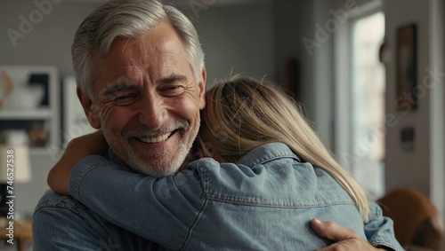 Cheerful beautiful adult daughter child hugging elder grey hair dad from behind with love, affection, gratitude, visiting parent at home, looking at camera, smiling, laughing 