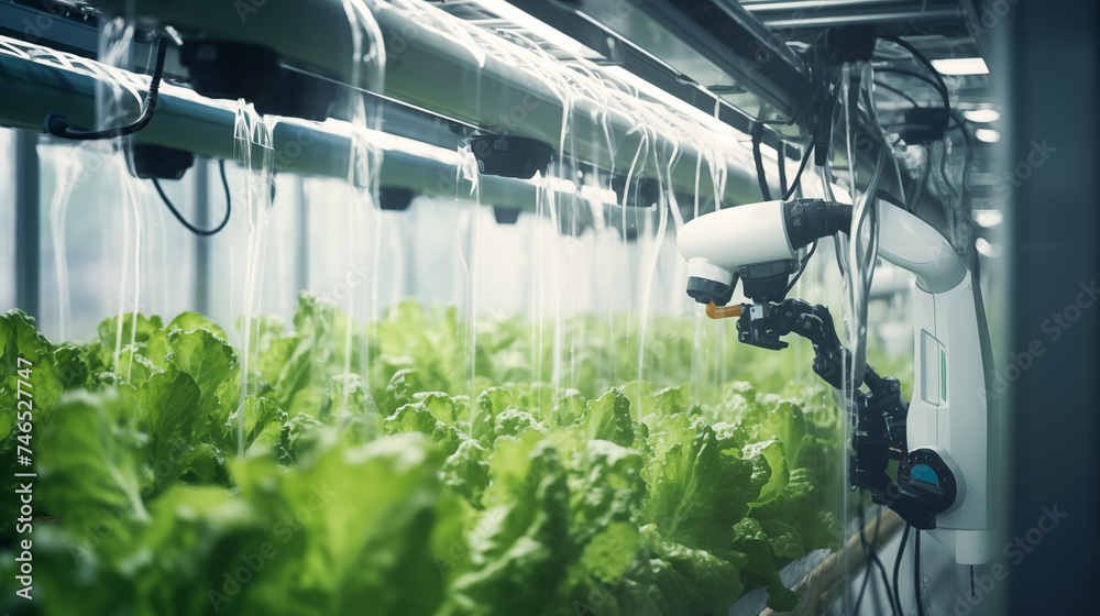 Smart robotic farmer spraying fertilizer on vegetable green plants, Agriculture technology, Farm automation