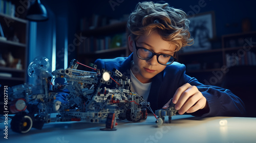 Boy using screwdriver while fixing bolts on a robot vehicle. Smart kids and STEM education. Robotics and software engineering for elementary students
